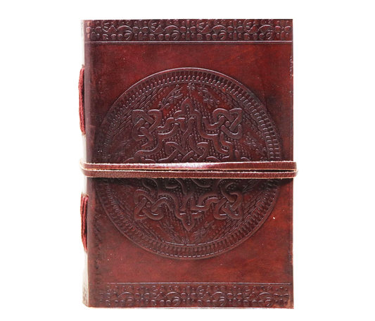 This Image Features A Handcrafted Leather Journal With An Embossed Celtic Knot Design, Radiating Medieval Charm And Vintage Elegance. Made From Genuine Secure Wrap-around Strap, Refillable Notebook Is Ideal For Daily Writing, Sketching, Or Spiritual Reflection. Perfect Wiccan Grimoires, Pagan Journals, Art Lovers, Personalized Customized Makes Thoughtful Birthday Gift Graduation Writers, Artists, Magic Practitioners—men Women