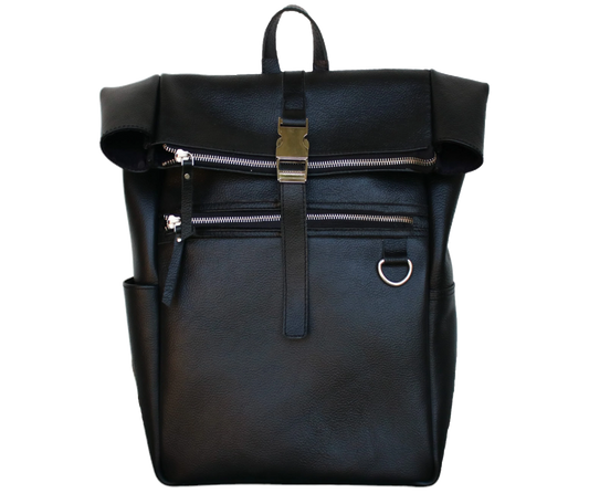 Expertly Handcrafted From Premium Genuine Leather, This Black Roll-top Backpack Blends Refined Elegance With Rugged Durability—making It A Perfect Personalized Or Customized Gift For Men And Women. Ideal As Graduation Gift, Birthday Everyday Essential, Features Dual Front Zip Compartments, Side Pockets, Secure Buckle Strap Closure. The Sleek Silhouette Conceals Spacious Interior Laptops Gear, While Metal Hardware Sturdy D-ring Add Timeless Function Flair. 