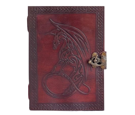 Unleash Your Imagination With This Handcrafted Leather Journal, Boldly Embossed A Celtic-inspired Dragon—an Enduring Symbol Of Strength, Wisdom, And Magic. Made From Genuine Leather, Its Rich Reddish-brown Hue Is Framed By Intricate Borders Secured An Antique Brass Latch For Vintage Flair Function. Inside, Thick Unlined Handmade Paper Perfect Writing, Sketching, Or Spell work. Unique Personalized Gift Fantasy Lovers Creative Souls