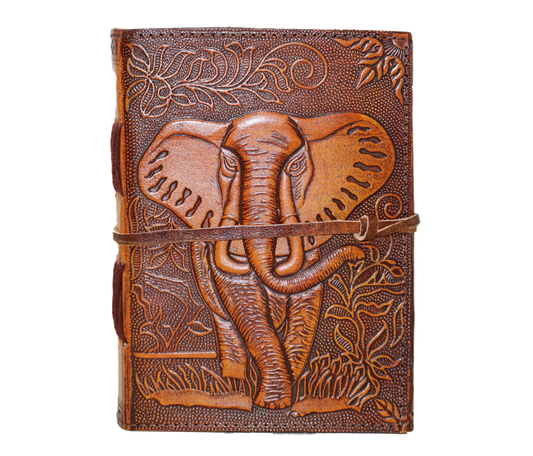 Handcrafted Leather Journal With Elephant Design – Vintage Notebook For Writing & Sketching Step Into The Wild This Exquisitely Journal, Featuring A Majestic Deeply Embossed On Its Cover. Symbol Of Power, Memory, And Protection, Motif Adds Soulful Presence To Your Journey. Made From Full-grain Leather, Boasts Warm Tan Hue, Detailed Floral Accents, Traditional Wrap Closure. Hand-stitched Spine Ensures Long-lasting Use, While Black-lined Interior Thick, Acid-free Pages Provide Rich Surface Thoughts