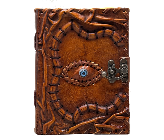  This Stunning Handmade Leather Journal Features A Mystical Evil Eye Design Intricately Carved Into The Front Cover, Offering Both Beauty And Protection. Crafted From Premium Full-grain Hand-stitched With Care, It Includes An Antique Latch Closure For Vintage Charm. Ideal As Personalized Grimoire, Spell Book, Or Magic Journal, Customized Piece Makes Thoughtful Birthday Graduation Gift Men Women Who Embrace Spiritual Witchy Traditions.