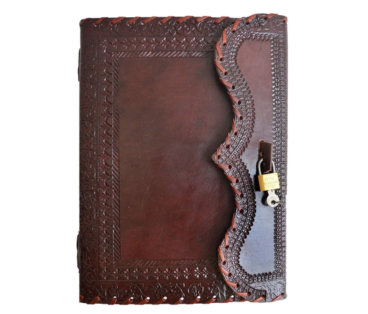 Elevate Your Journaling With This Handmade Brown Leather Journal, Crafted From Traditionally Tanned And Embossed By Hand For A Timeless, Vintage Look. The Rich Hue Intricate Detailing Add Elegance, While Lock Key Closure Secures Personal Thoughts. Inside, You’ll Find Thick, Acid-free Pages Bound Coptic Stitching, Allowing Journal To Lay Flat—perfect Writing, Drawing, Or Note-taking. Sized At 10 X 7 Inches 1.5-inch Spine, It’s Ideal As Travel Daily Diary, Gift Writers Creatives. Keywords: Lock, Rustic Sketch