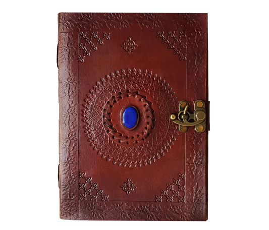 This Personalized Handcrafted Leather Journal Features A Deep Blue Stone Centerpiece Encircled By Intricate Hand-tooled Patterns. Its Rich Reddish-brown Cover And Antiqued Brass Clasp Blend Old-world Elegance With Practical Charm. Inside, Thick Acid-free Pages Invite Sketches, Notes, Or Secrets To Flow Freely. Customized Gift For Men Women—perfect Birthdays, Graduations, Creative Souls—this Vintage-style Notebook Is Striking, Inspiring Companion Everyday Adventures. 