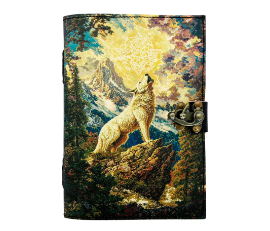 Jaald Handmade Leather Journal printed Howling Wolf Mountain Guardian Travel Diary Gift Notebook for Dreamers
