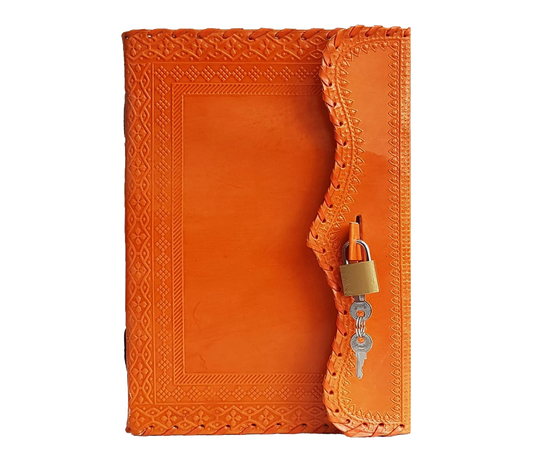 This Striking Orange Leather Journal Blends Traditional Craftsmanship With Modern Functionality. Handcrafted From Genuine Leather, It Features Intricate Embossed Borders And A Unique Curved Flap Secured By Sturdy Metal Lock Key. Its Bold Color Adds Vibrant Personality, While Thick, Acid-free Pages Inside Are Perfect For Journaling, Sketching, Or Personalized Reflections. Ideal Daily Writing Travel Notes, Customized Offers Both Elegance Secure Space Your Creative Thoughts.