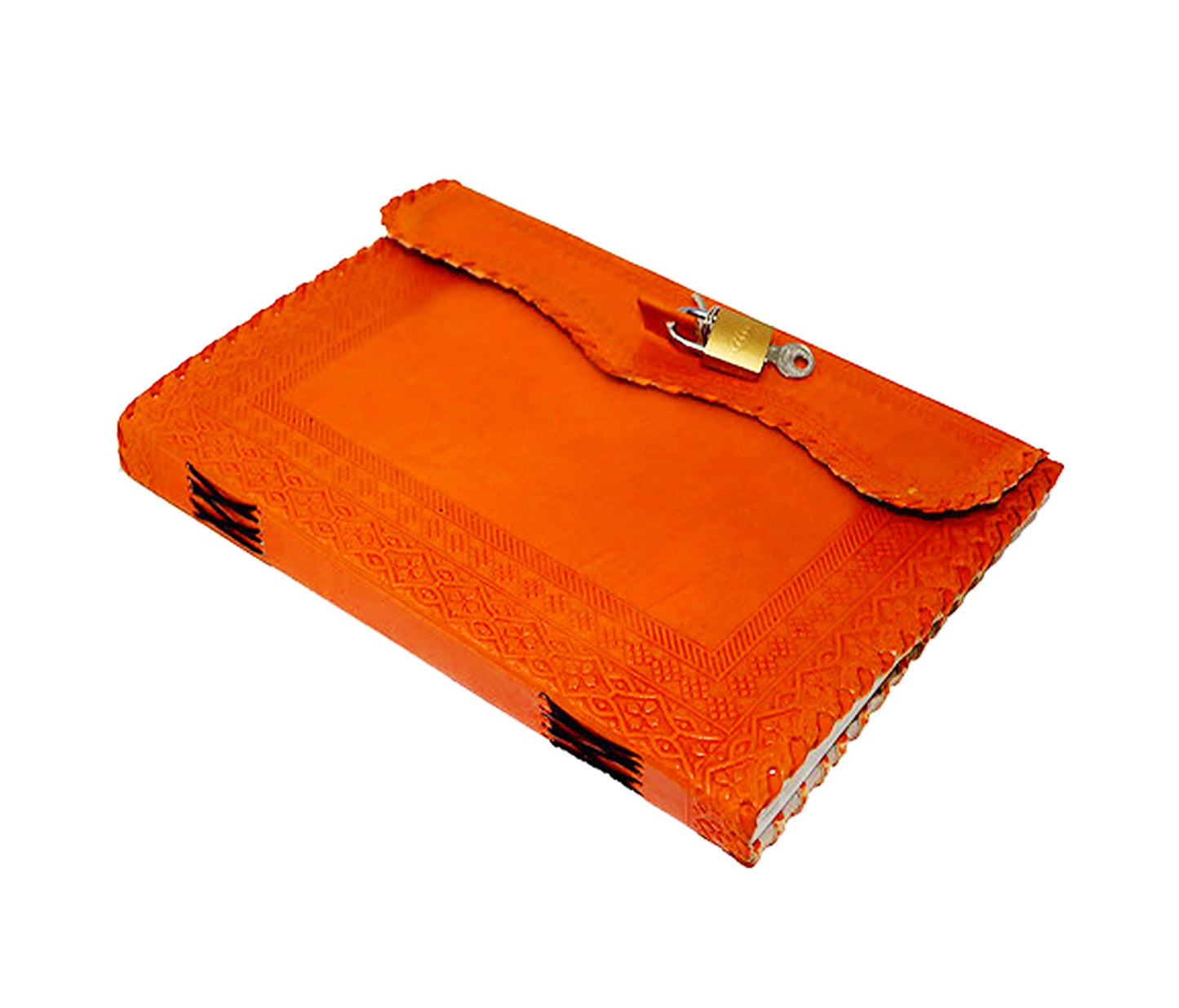 Diario de cuero naranja vintage hecho a mano con cerradura