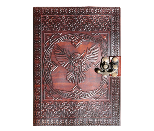Channel Ancient Wisdom With This Handcrafted Leather Journal, Featuring A Majestic Owl Intricately Embossed On The Cover. Symbolizing Knowledge And Intuition, The Design Is Framed By Celtic-style Borders For A Mystical Touch. Crafted From Premium Full-grain Leather, It Includes A Secure Brass Latch And Hand-stitched Coptic Binding. With Thick, Acid-free Pages Inside, It’s Ideal For Writing, Sketching, Or Spiritual Reflection—a Perfect Personalized Or Customized Gift With Timeless Charm And Room 