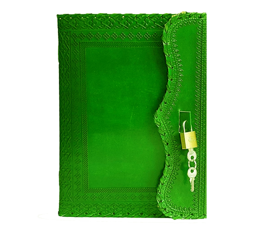 This Handcrafted Green Leather Journal Features A Secure Lock-and-key Closure—offering Both Timeless Style And Personal Privacy. Beautifully Hand-embossed With Traditional Patterns Finely Hand-stitched Edges, It Reflects Expert Craftsmanship. Vividly Tanned Using Methods, The Cover Boasts Rich Finish Unique Texture. Ideal For Journaling, Note-taking, Or Gifting, It’s Meaningful, Customizable Keepsake—blending Classic Elegance Everyday Functionality Writers, Thinkers, Creatives