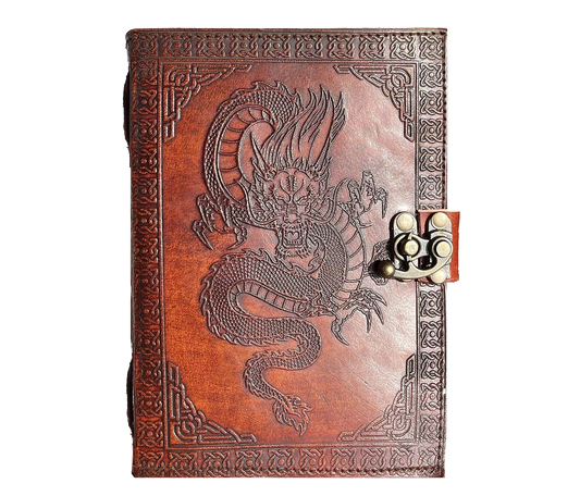 Embrace The Spirit Of Ancient Legends With This Handcrafted Leather Journal, Featuring A Fierce Dragon Embossing That Symbolizes Strength, Protection, And Wisdom. Rich, Reddish-brown Top Grain Cover Is Bordered Ornate Detailing Secured By An Elegant Brass Clasp, Giving It Both Style Security. Inside, Thick Acid-free Pages Await Your Thoughts, Sketches, Or Secrets—perfect For Writers, Artists, Fantasy Enthusiasts. Whether Used As Personal Grimoire, Travel Meaningful Gift