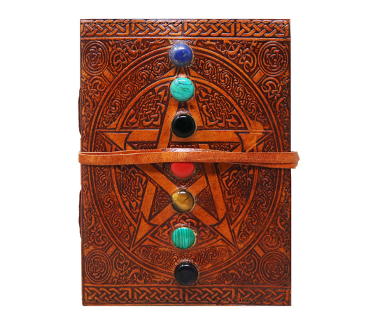 Spiritual Practice With This Handcrafted Chakra Leather Journal, Featuring A Powerful Pentagram Design Embossed On Premium Top Grain Leather. Adorned Seven Healing Stones, It’s Ideal For Meditation, Manifestation, Spellwork, And Tarot Journaling. The Durable Wraparound Strap Hand-stitched Binding Ensure Long-lasting Use, While Acid-free, Unlined Pages Inspire Creativity Reflection. Perfect Personalized Customized Gift Men Women—ideal As Unique Birthday Or Graduation Gift. 