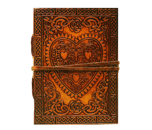 This Charming Handcrafted Leather Journal Features An Intricately Embossed Heart Surrounded By Celtic Knots—symbolizing Love And Unity. Its Warm Tan-brown Hue Secure Wraparound Strap Add Rustic Charm Function. Compact Yet Expressive, It's Perfect For Capturing Thoughts, Dreams, Or Sketches. A Meaningful, Personalized Gift Loved Ones—ideal Anniversaries, Birthdays, Heartfelt Occasions. Customize It As Creative Companion Timeless Keepsake Filled With Emotion Artistry. 