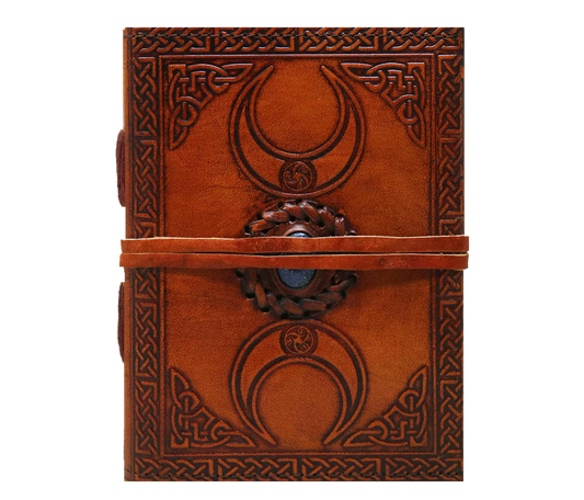 Channel Ancient Wisdom And Celestial Energy With This Triple Moon Goddess Leather Journal, Handcrafted From Rich Tan Embossed Sacred Lunar Symbolism. A Central Stone Accent Celtic Border Add Mystical Charm, While Sturdy Wrap Closure Ensures Your Writings Stay Secure. Perfect For Rituals, Reflections, Or Spellwork, Journal Is Beautiful Personalized Customized Gift Men Women—ideal As Birthday Gift, Graduation Spiritual Companion.