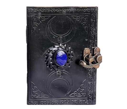 Mystical And Bold, This Handcrafted Black Leather Journal Features Moon-phase Embossing A Striking Blue Stone Centerpiece. Secure Antiqued Brass Clasp Protects The Unlined Pages—perfect For Spells, Dreams, Or Reflections. Compact Yet Substantial, It’s Ideal Travel Altars Sacred Spaces. Embossed With Celtic-inspired Detailing, Personalized Grimoire Makes Powerful Birthday Gift, Graduation Customized Wiccan Notebook Men Women Who Embrace Magic Mystery. 