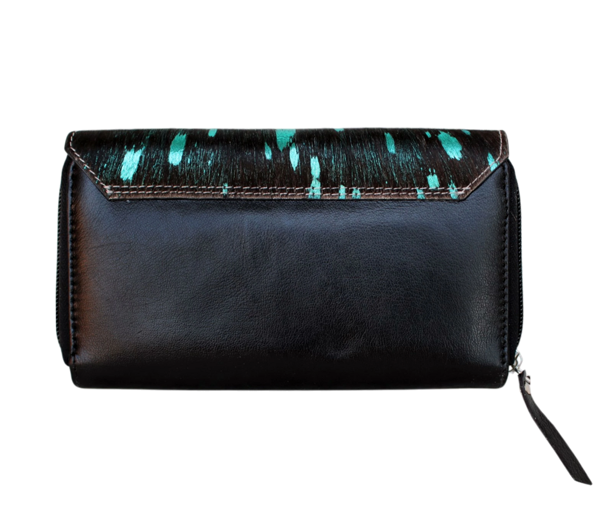 The Back View Of This Personalized Handmade Leather Wallet Clutch Showcases Its Elegant Design—sleek Black Premium Paired With A Unique Turquoise-speckled Cowhide Flap For Modern, Stylish Look. Perfect Regular Use, Office Settings, Or Party Occasions, It Features Smooth Finish, Sturdy Stitching, And Wrist Strap Secure Carrying. Practical Yet Fashionable Accessory, It’s An Ideal Customized Birthday Graduation Gift Men Women, Adding Sophistication To Any Outfit.