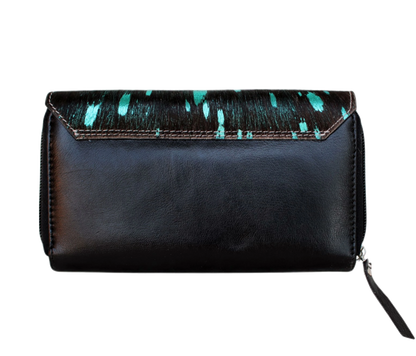 The Back View Of This Personalized Handmade Leather Wallet Clutch Showcases Its Elegant Design—sleek Black Premium Paired With A Unique Turquoise-speckled Cowhide Flap For Modern, Stylish Look. Perfect Regular Use, Office Settings, Or Party Occasions, It Features Smooth Finish, Sturdy Stitching, And Wrist Strap Secure Carrying. Practical Yet Fashionable Accessory, It’s An Ideal Customized Birthday Graduation Gift Men Women, Adding Sophistication To Any Outfit.
