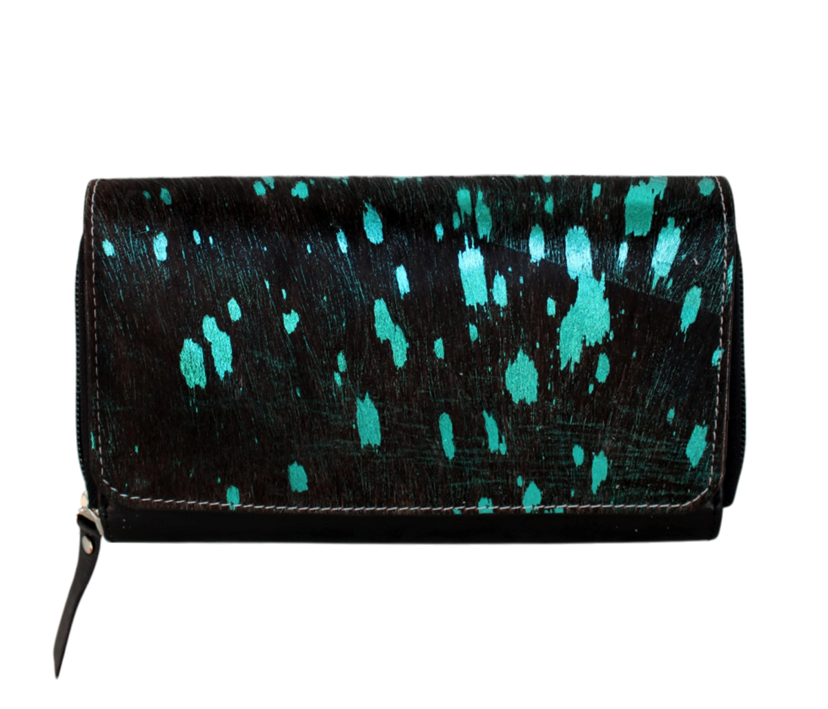 Elevate Your Style With This Personalized Leather Wallet For Women, Perfect Regular Use, Office Wear, And Parties. Featuring A Bold Black Base Turquoise Splatter Accents, It Combines Fashion Function. The Secure Zip Closure Spacious Interior Hold Cards, Cash, Coins, Keys Ease. Customized Clutch Makes An Ideal Birthday Gift Or Graduation Men Women Seeking Stylish, Functional, Unique Everyday Accessory.