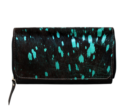 Elevate Your Style With This Personalized Leather Wallet For Women, Perfect Regular Use, Office Wear, And Parties. Featuring A Bold Black Base Turquoise Splatter Accents, It Combines Fashion Function. The Secure Zip Closure Spacious Interior Hold Cards, Cash, Coins, Keys Ease. Customized Clutch Makes An Ideal Birthday Gift Or Graduation Men Women Seeking Stylish, Functional, Unique Everyday Accessory.