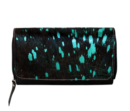Elevate Your Style With This Personalized Leather Wallet For Women, Perfect Regular Use, Office Wear, And Parties. Featuring A Bold Black Base Turquoise Splatter Accents, It Combines Fashion Function. The Secure Zip Closure Spacious Interior Hold Cards, Cash, Coins, Keys Ease. Customized Clutch Makes An Ideal Birthday Gift Or Graduation Men Women Seeking Stylish, Functional, Unique Everyday Accessory.
