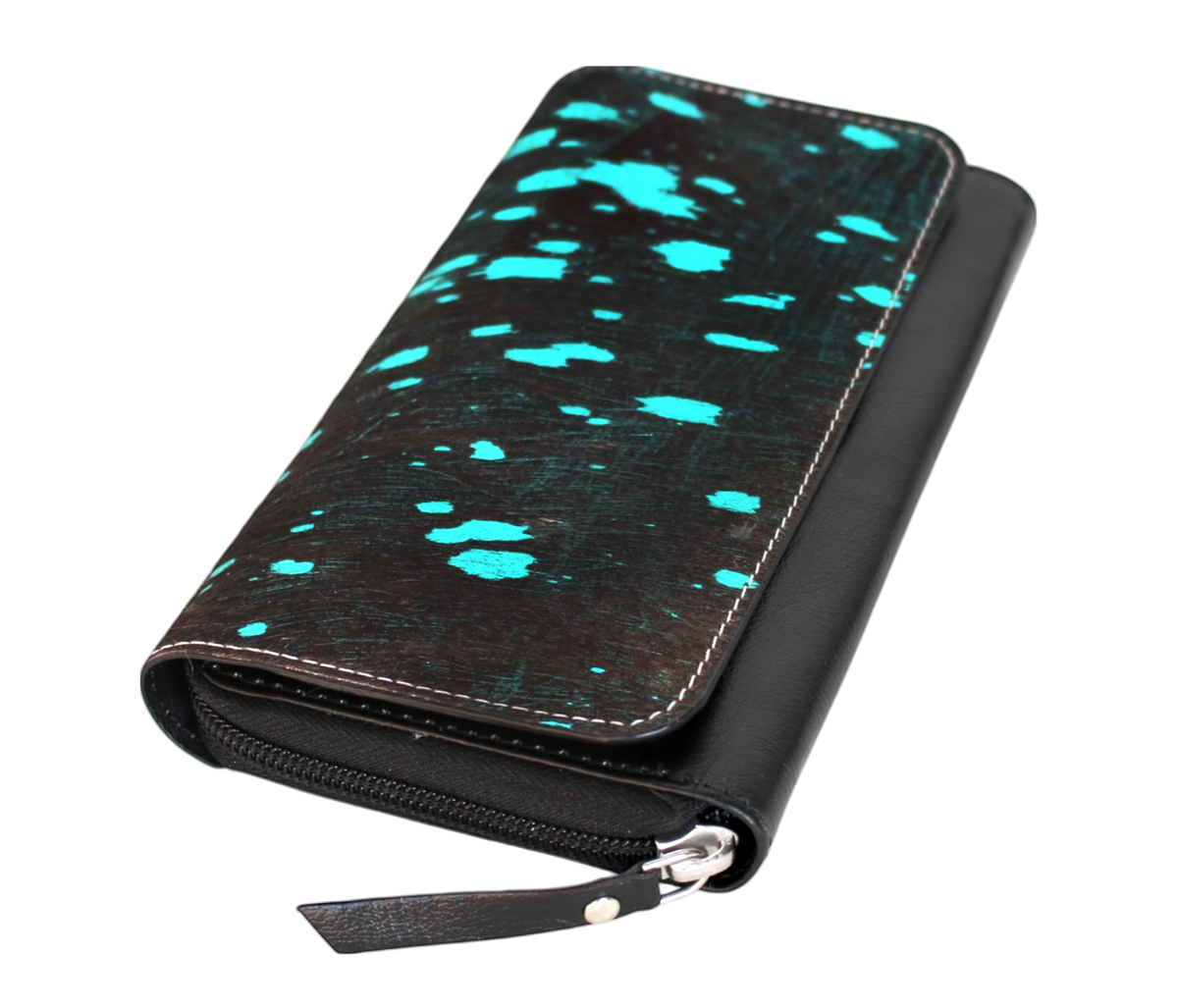 This Personalized Women’s Leather Wallet Clutch Blends Elegance And Functionality, Perfect For Regular Use, Office Meetings, Party Outings. With A Bold Black Base Vibrant Turquoise Splatter Accents, It Offers Trendy, Unique Look. Designed Secure Zipper Snap Closure, Multiple Compartments, Keeps Essentials Organized. Crafted From Premium Leather, Suits Both Casual Formal Wear. Customized Birthday Gift Or Graduation Men Women, It’s Standout Daily Accessorylegance Ideal Featuring Compartments Keep Accessory.