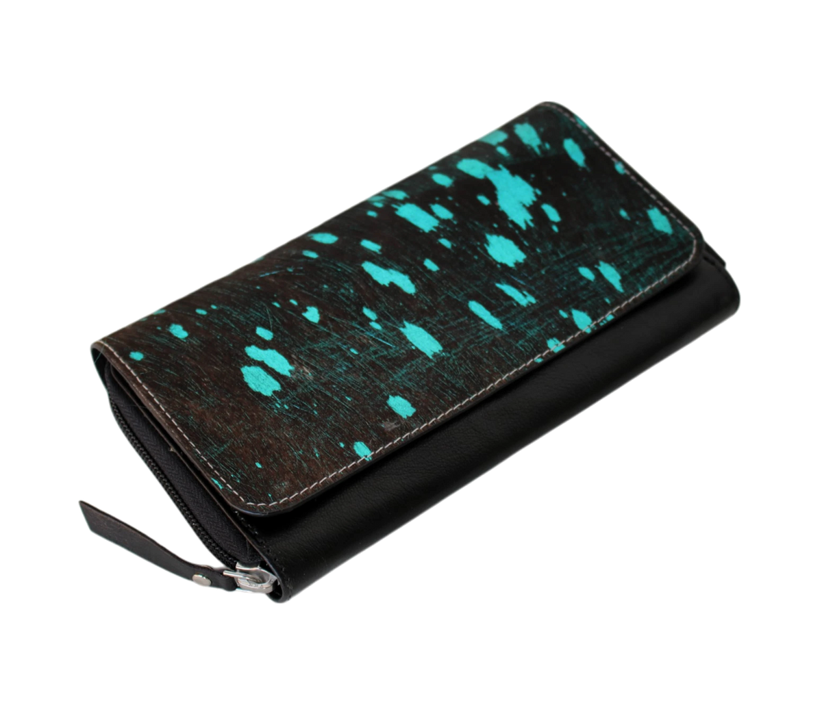 This Personalized Women’s Leather Wallet Clutch Blends Elegance And Functionality, Ideal For Regular Use, Office Meetings, Party Outings. Featuring A Bold Black Base With Vibrant Turquoise Splatter Accents, It Offers Trendy, Unique Look. Secure Zipper Snap Closure, Multiple Compartments Keep Essentials Organized. Crafted From Premium Leather, Suits Both Casual Formal Wear. Perfect Customized Birthday Gift Or Graduation Men Women, It’s Standout Daily Accessory.