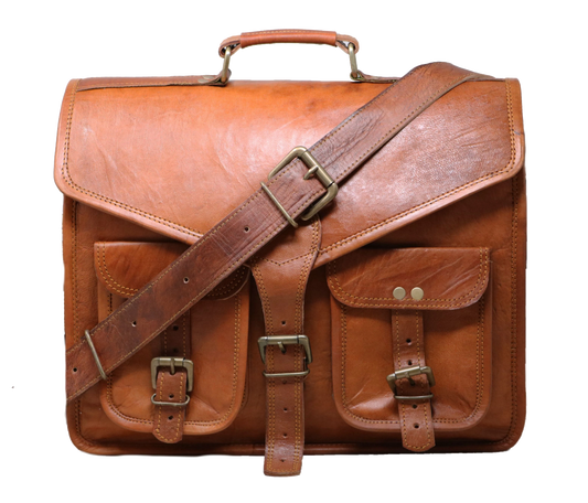 Handcrafted Tan Leather Satchel Perfect Personalized Gift For Men And Women. Featuring A Distinctive Triangular Flap Dual Front Pockets, It Blends Vintage Charm With Modern Utility. Crafted From Full-grain Leather, Its Warm Caramel Tone Ages Beautifully. The Spacious Interior Fits Laptops Essentials, Making An Ideal Graduation Gift, Birthday Or Stylish, Customized Work Companion Daily Use.