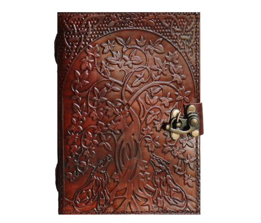 This Handcrafted Leather Journal Features A Deeply Embossed Tree Of Life Flanked By Howling Wolves Symbolizing Strength, Wisdom, And Connection To Nature. Made From Warm Brown Top Grain Leather With An Antiqued Brass Clasp, It Blends Function With Earthy Charm. Perfect For Writers, Artists, And Nature Lovers, It Offers A Meaningful, Personalized Space For Thoughts Or Sketches. An Inspiring Gift For Birthdays, Graduations, Or Anyone Drawn To Symbolic, Handcrafted Design.
