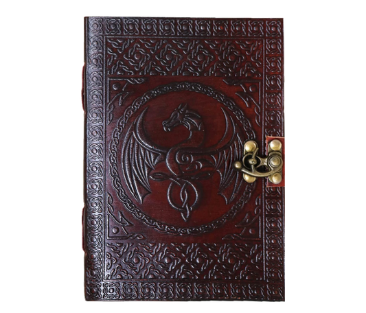 Channel The Essence Of Power And Mystery With This   Personalized Handcrafted Leather Journal Embossed A Majestic Dragon Encircled By Ornate Patterns Deep Burgundy Tone Top Grain Cover Radiates Richness Strength, While Antique Brass Clasp Adds Touch Medieval Elegance Security Ideal For Fantasy Writers Roleplaying Enthusiasts, Or Lovers Mythical Lore, Journal Features Thick, Acid-free Pages Perfect Chronicling Dreams Sketches Secret Spells.