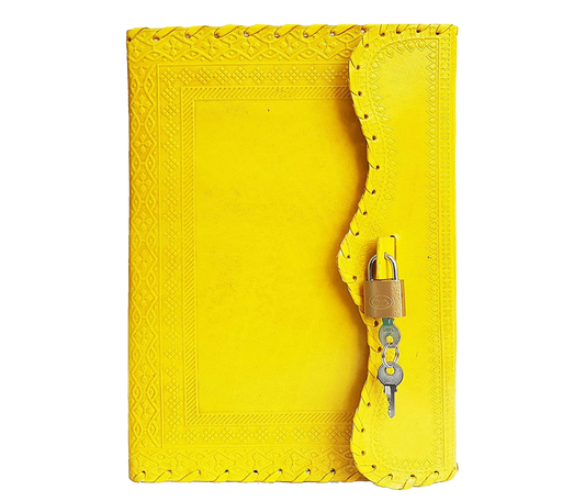 Brighten Your Day With This Handcrafted Yellow Leather Journal, Made From Traditionally Tanned Genuine And Detailed Artisan Hand Embossing. A Vintage-style Lock & Key Secures Thoughts, While Acid-free Blank Pages Coptic Binding Provide Smooth, Flat Writing Experience. Hand-stitched Edges Bold Coloring, Journal Is Perfect As Diary, Sketchbook, Or Travel Companion—an Eye-catching, Personalized Gift For Writers, Artists, Creative Souls. 