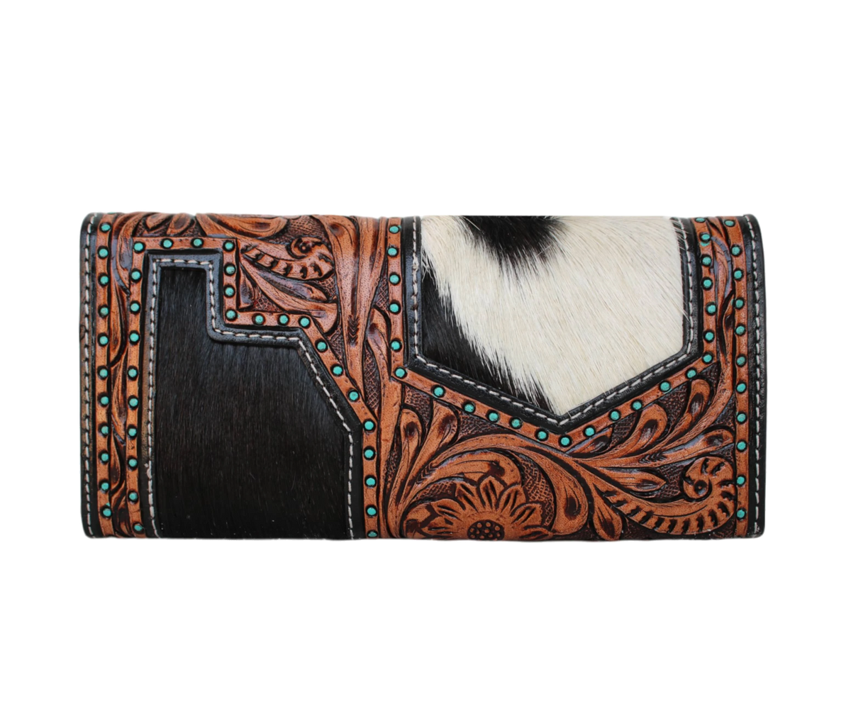 Elevate Your Accessory Collection With This Handcrafted Leather Wallet, Personalized Intricate Tooling And Genuine Cowhide Accents. The Bold Black White Pattern, Turquoise Studs, Rich Brown Floral Carving Make It A Standout Piece. As Seen Our Model, Complements Casual, Office, Or Party Looks. Secure Zip Compartments Ample Card Slots, It’s Stylish, Customized Birthday Gift Graduation For Men Women Who Value Timeless Design. 