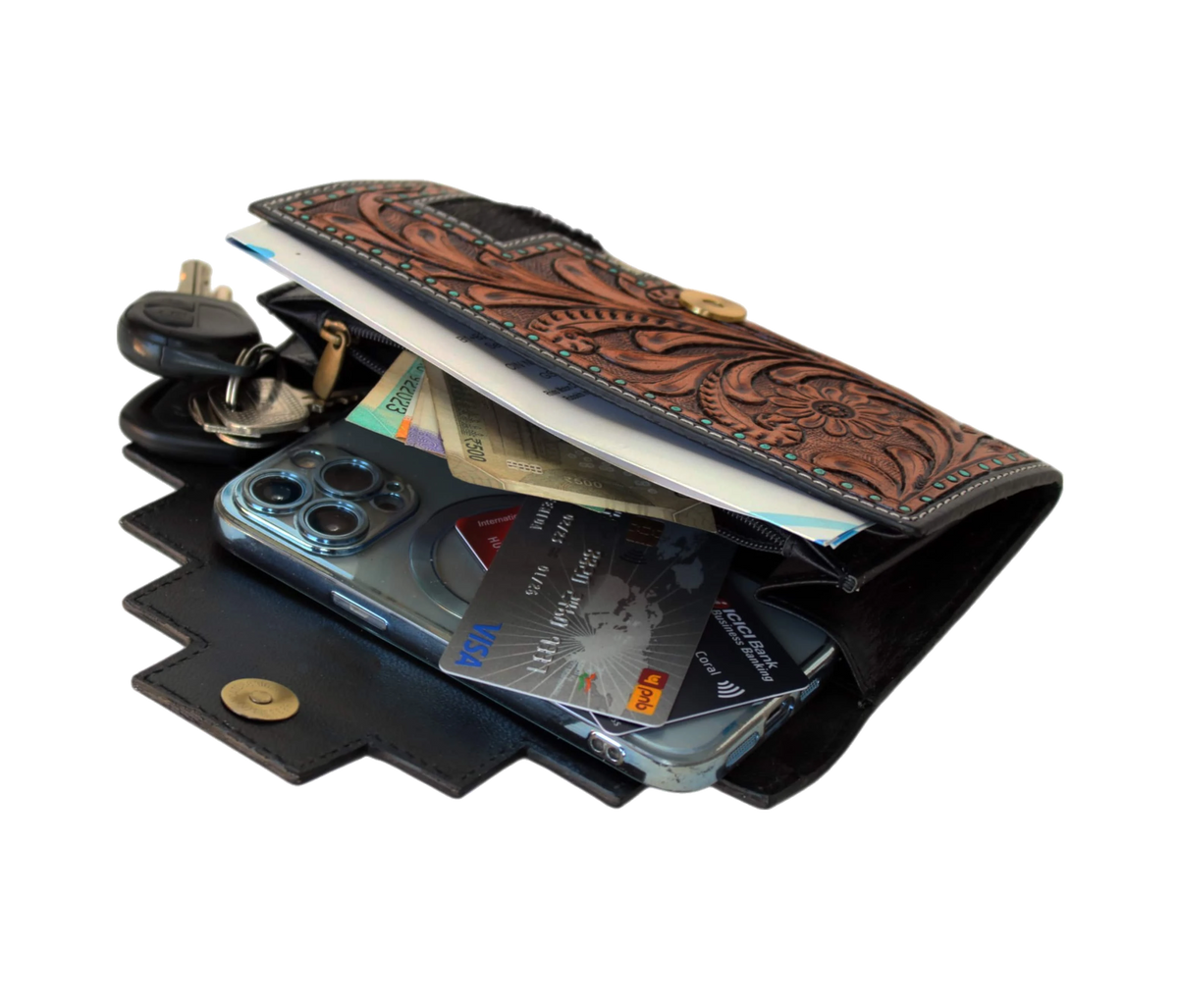 This exquisite personalized handcrafted leather wallet features intricate floral tooling, turquoise-studded detailing, and premium hair-on cowhide with a unique stepped magnetic flap. A stylish gift for men women, it fits smartphones (like iPhone 14 Pro), cards, cash, keys ease. Measuring 8 x 4 1 inches (20 10 2.5 cm), it’s perfect as graduation gift, birthday or chic clutch daily use special occasions.