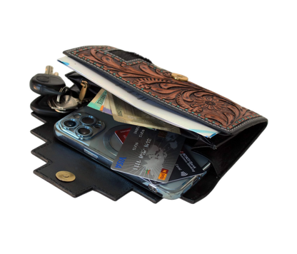 This exquisite personalized handcrafted leather wallet features intricate floral tooling, turquoise-studded detailing, and premium hair-on cowhide with a unique stepped magnetic flap. A stylish gift for men women, it fits smartphones (like iPhone 14 Pro), cards, cash, keys ease. Measuring 8 x 4 1 inches (20 10 2.5 cm), it’s perfect as graduation gift, birthday or chic clutch daily use special occasions.