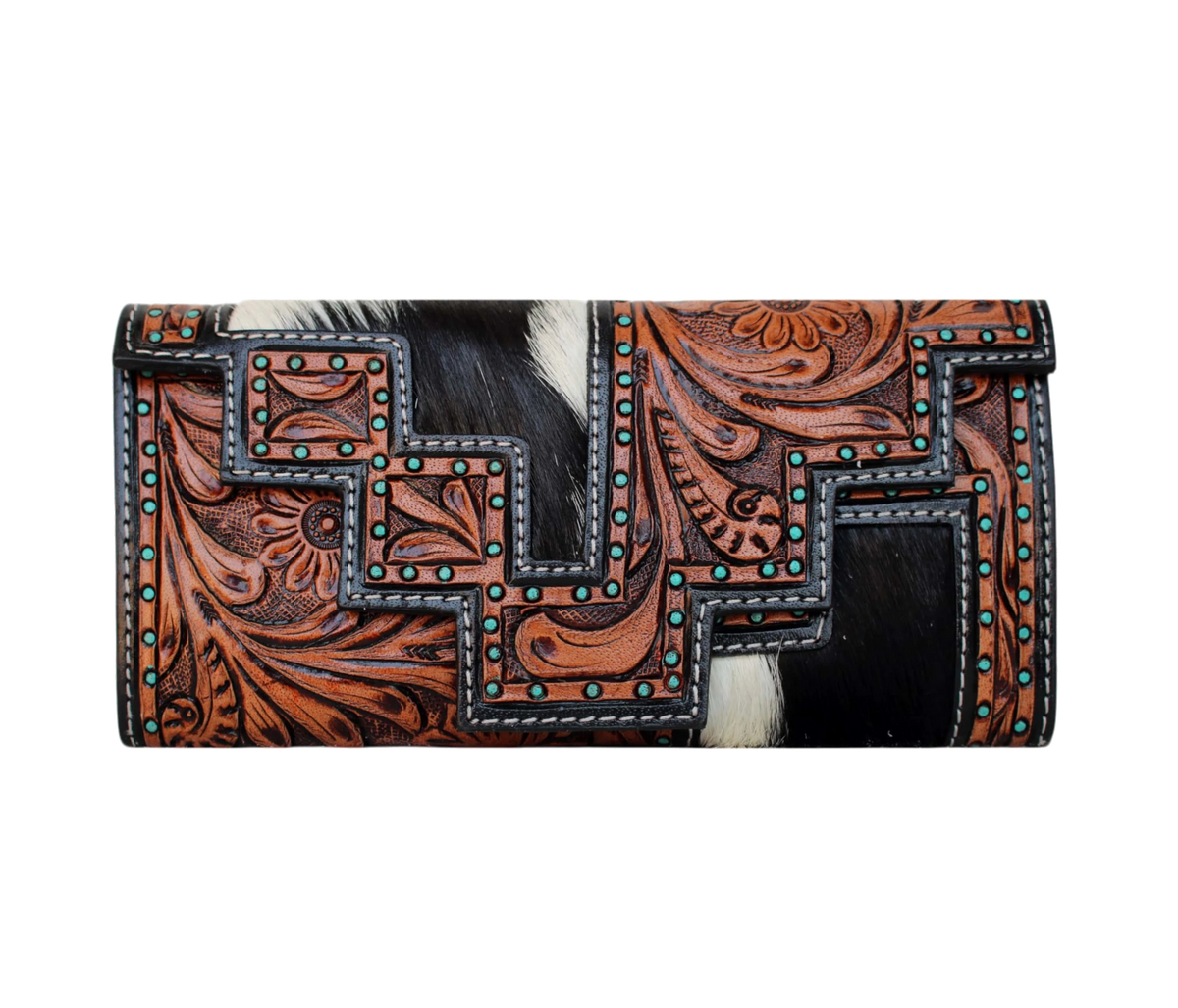 This Handcrafted Leather Wallet Features Intricate Western-style Tooling With Bold Turquoise Stud Accents—perfect For Everyday Use, Office Elegance, Or As A Stylish Party Accessory. The Cowhide Blend Adds Unique Texture, Making Each Piece Truly One-of-a-kind. Spacious Compartments Cards, Cash, And Essentials, It Combines Functionality Charm. Personalized Customized Accessory, Makes Thoughtful Birthday Gift Graduation Men Women Who Appreciate Artisan Design.