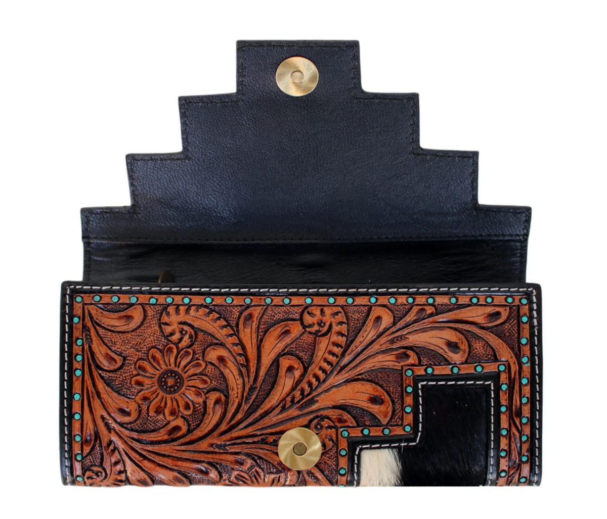  This Handcrafted Leather Wallet, Featuring Exquisite Floral Tooling, Cowhide Accents, And Turquoise-studded Detailing. Measuring 8x4 Inches, It Offers A Spacious Interior With Multiple Card Slots Zippered Compartments. Personalized, Customized Gift For Men Women, It’s Perfect Birthdays, Graduations, Or Everyday Elegance. The Secure Magnetic Flap Keeps Essentials Protected, Making Thoughtful Graduation Gift, Birthday Standout Accessory Any Occasion.