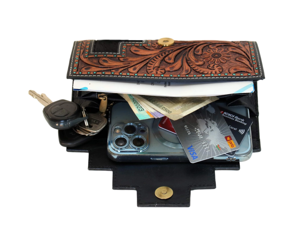 Personalized Handcrafted Leather Wallet, Featuring Intricate Floral Tooling, Turquoise Studs, And Genuine Cowhide Hair-on-hide Detailing. Measuring 8" X 4" 1", It Holds Smartphones, Cards, Cash, Keys With Ease. A Customized Gift For Men Women, Makes Thoughtful Birthday Gift, Graduation Or Timeless Keepsake. This Unique Wallet Also Doubles As Stylish, Western-inspired Clutch.