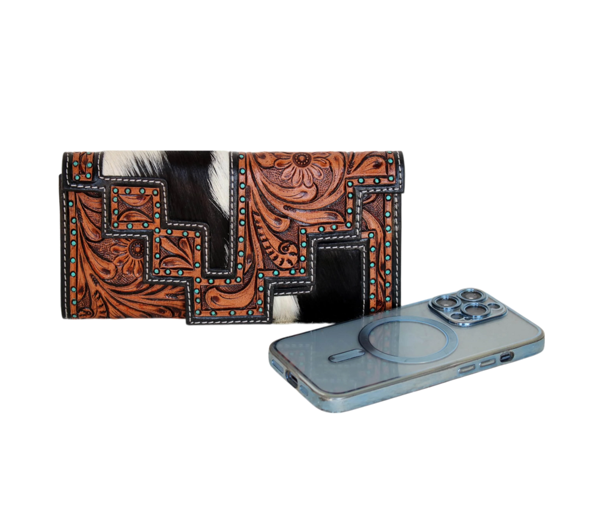 Elevate Your Style With This Personalized Handcrafted Leather Wallet, Featuring Intricate Floral Tooling, Turquoise Studs, And Genuine Cowhide Hair-on Accents. Measuring 8" X 4" 1", It Offers Spacious Compartments For Cards, Cash, Essentials. The Unique Stepped Flap Magnetic Snap Ensures Secure Closure. Customized Wallet Makes A Thoughtful Gift Men Women, Perfect As Graduation Gift, Birthday Or Timeless Keepsake Anyone Who Values Craftsmanship Style.