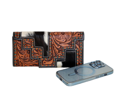 Elevate Your Style With This Personalized Handcrafted Leather Wallet, Featuring Intricate Floral Tooling, Turquoise Studs, And Genuine Cowhide Hair-on Accents. Measuring 8" X 4" 1", It Offers Spacious Compartments For Cards, Cash, Essentials. The Unique Stepped Flap Magnetic Snap Ensures Secure Closure. Customized Wallet Makes A Thoughtful Gift Men Women, Perfect As Graduation Gift, Birthday Or Timeless Keepsake Anyone Who Values Craftsmanship Style.