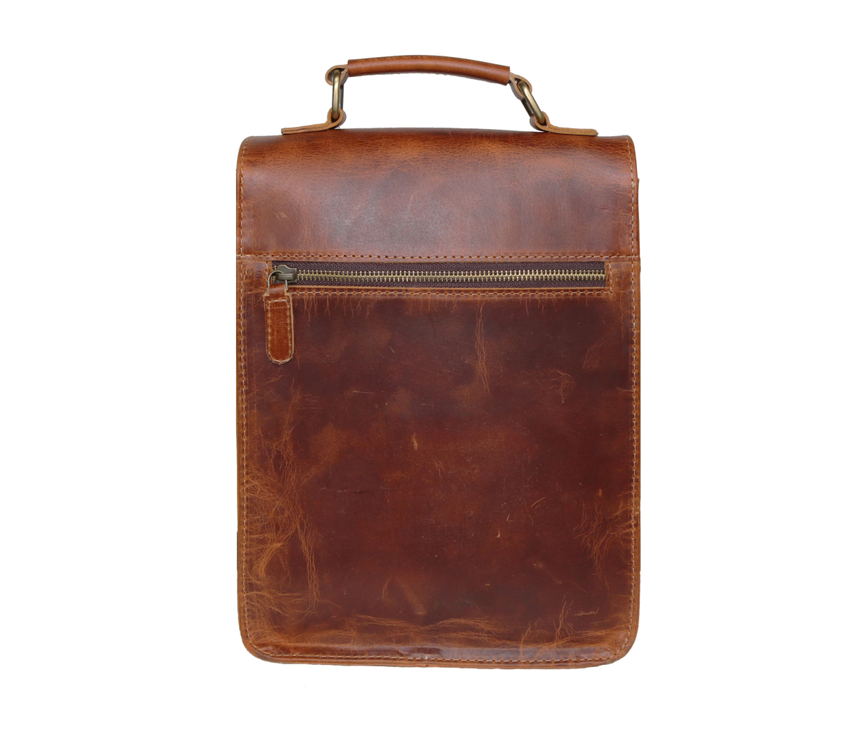 This Rear View Of The Vintage Leather Crossbody Bag Showcases Its Sleek  Minimalist Design And A Secure Ykk Metal Zipper Pocket, Ideal For Storing Valuables Like Wallets, Passports, Or Keys. Made From 100% Genuine Buffalo Leather, This Handmade Messenger Bag Is Both Stylish And Functional. The Smooth Rustic Brown Finish And Reinforced Top Handle Make It Versatile For Both Men And Women. Whether You’re Commuting, Traveling  Or Heading To Work, This Leather Satchel Offers The Perfect Blend Of Utility And Time