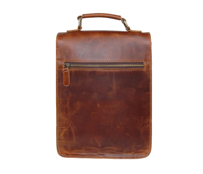 This Rear View Of The Vintage Leather Crossbody Bag Showcases Its Sleek  Minimalist Design And A Secure Ykk Metal Zipper Pocket, Ideal For Storing Valuables Like Wallets, Passports, Or Keys. Made From 100% Genuine Buffalo Leather, This Handmade Messenger Bag Is Both Stylish And Functional. The Smooth Rustic Brown Finish And Reinforced Top Handle Make It Versatile For Both Men And Women. Whether You’re Commuting, Traveling  Or Heading To Work, This Leather Satchel Offers The Perfect Blend Of Utility And Time