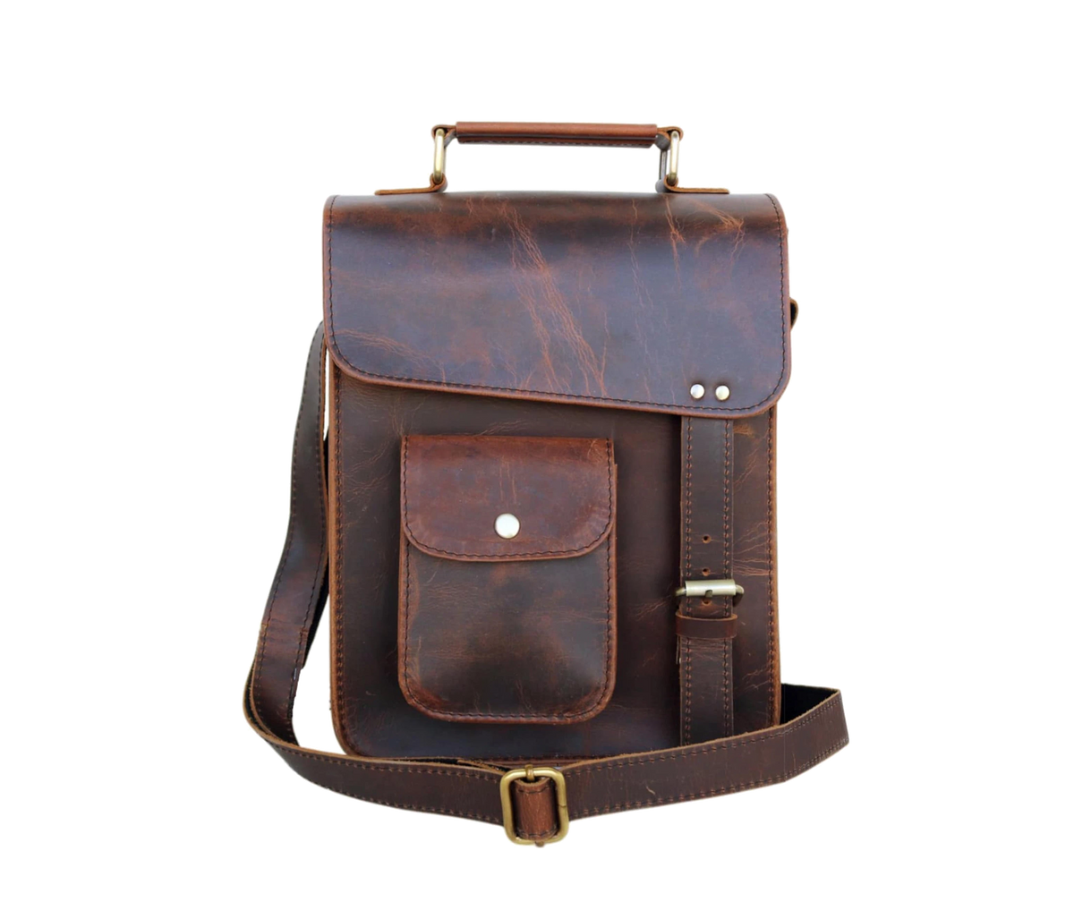 This Dark Brown Leather Satchel Combines Classic Craftsmanship With Modern Utility. Handcrafted From Genuine Buffalo Leather, It Features A Structured Design, Adjustable Strap, Top Handle, And Quick-access Front Pocket. Ideal For Both Men Women, Securely Holds Tablets, Journals, Essentials. Its Rugged Vintage Finish Durable Hardware, Piece Makes Perfect Personalized Birthday Gift, Graduation Or Customized Everyday Bag Work, Travel, College Use. 