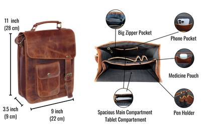 This Compact Yet Highly Functional Leather Messenger Bag Offers Excellent Organization With A Spacious Main Compartment, Tablet Sleeve, Phone Pocket, Pen Holder, And Medicine Pouch. Measuring 11" X 9" 3.5", It’s Perfect For Daily Use, Work, Or Travel. Crafted From Full-grain Buffalo Leather, It Combines Rugged Durability Vintage Charm. Versatile Crossbody Men, Students, Professionals—ideal As Birthday, Graduation, Personalized Gift Timeless Everyday Style. 
