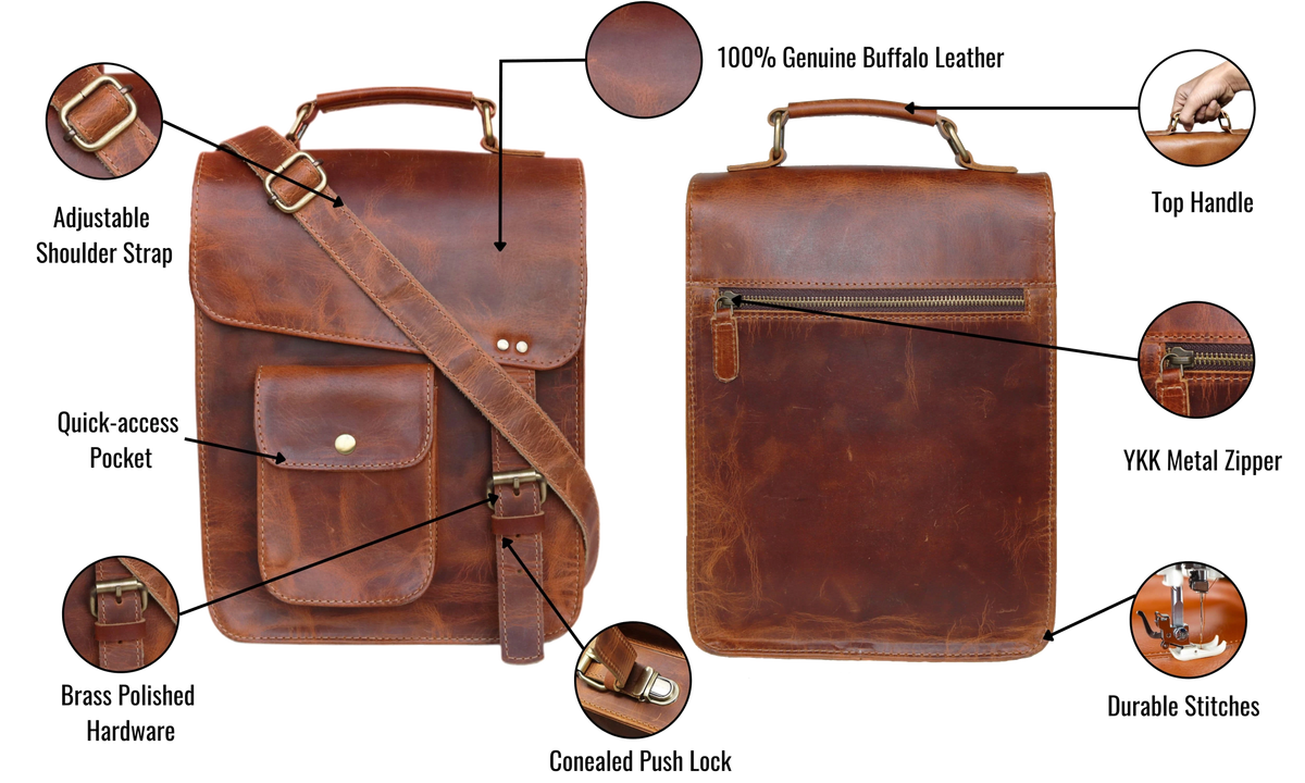 Crafted From 100% Genuine Buffalo Leather, This Handmade Vintage Messenger Bag Combines Rugged Elegance With Everyday Functionality. Featuring An Adjustable Shoulder Strap, Strong Top Handle, Brass-polished Hardware, And Concealed Push Lock, It Offers Both Style Durability. A Quick-access Front Pocket Rear Ykk Zipper, Ensures Secure Storage. Perfect Leather Crossbody, Office, Or Satchel For Men Women—makes Thoughtful Personalized Customized Birthday Gift Graduation Him Her.