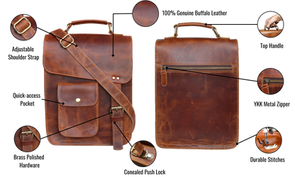 Crafted From 100% Genuine Buffalo Leather, This Handmade Vintage Messenger Bag Combines Rugged Elegance With Everyday Functionality. Featuring An Adjustable Shoulder Strap, Strong Top Handle, Brass-polished Hardware, And Concealed Push Lock, It Offers Both Style Durability. A Quick-access Front Pocket Rear Ykk Zipper, Ensures Secure Storage. Perfect Leather Crossbody, Office, Or Satchel For Men Women—makes Thoughtful Personalized Customized Birthday Gift Graduation Him Her.