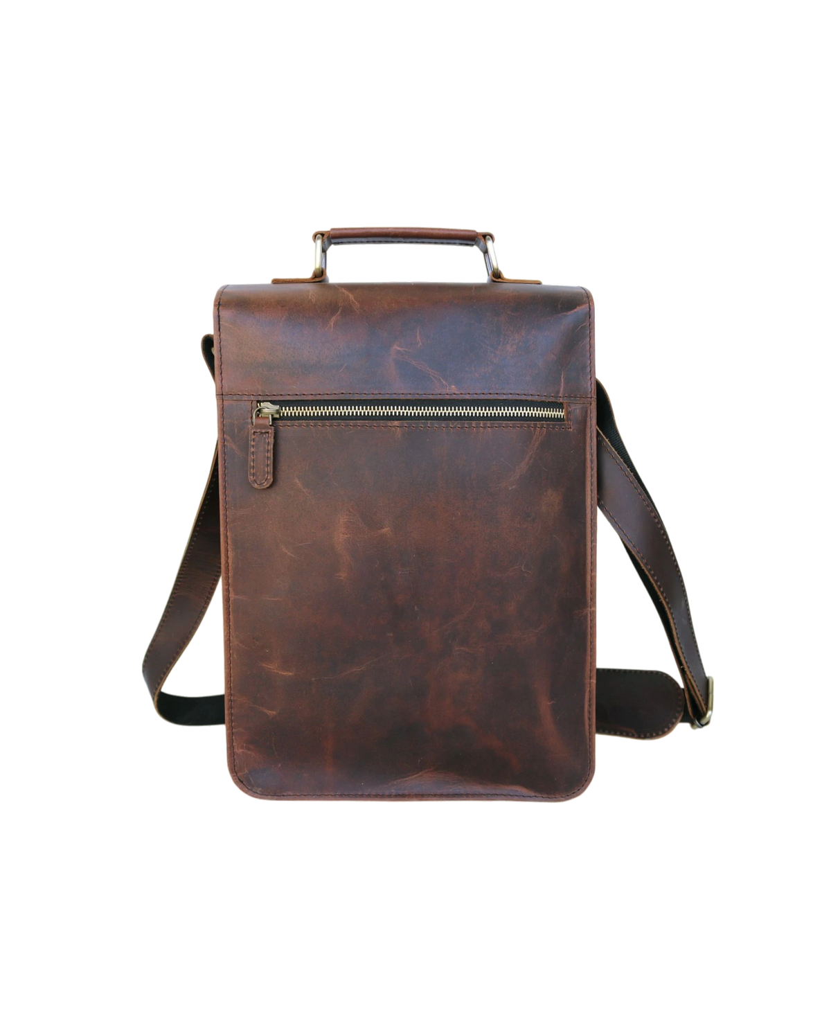 This Image Shows The Back View Of A Sophisticated Leather Crossbody Bag, Crafted From Rich Brown Buffalo With Naturally Distressed Finish That Enhances Its Vintage Appeal. Design Includes Sturdy Top Handle And Broad, Adjustable Shoulder Strap For Versatile Carrying Options. Standout Feature Is Ykk Metal Zipper, Revealing Convenient Pocket Ideal Quick-access Items Like Travel Documents Or Your Phone. Maintaining Slim Profile, It Offers Practical Functionality—a Perfect Personalized Customized Gift Men Women