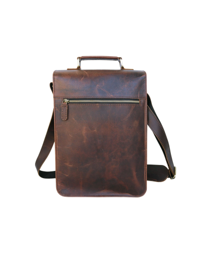 This Image Shows The Back View Of A Sophisticated Leather Crossbody Bag, Crafted From Rich Brown Buffalo With Naturally Distressed Finish That Enhances Its Vintage Appeal. Design Includes Sturdy Top Handle And Broad, Adjustable Shoulder Strap For Versatile Carrying Options. Standout Feature Is Ykk Metal Zipper, Revealing Convenient Pocket Ideal Quick-access Items Like Travel Documents Or Your Phone. Maintaining Slim Profile, It Offers Practical Functionality—a Perfect Personalized Customized Gift Men Women