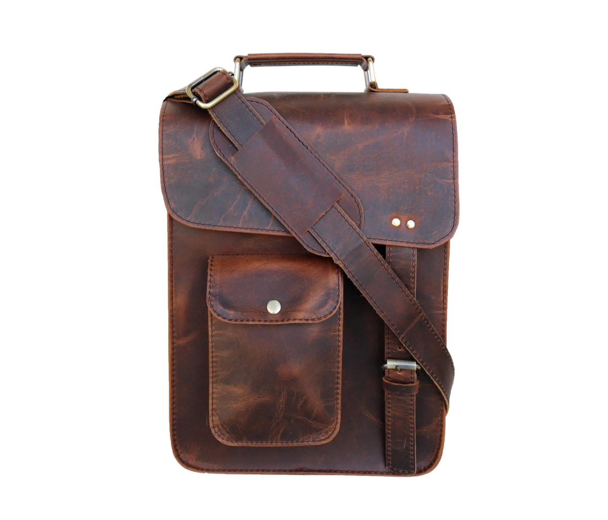 This Sleek Back View Highlights The Timeless Craftsmanship Of Our Buffalo Leather Messenger Bag, Featuring A Wide Ykk Metal Zipper Pocket For Secure, Quick-access Storage. Made From Premium Full-grain Leather, Its Structured Silhouette, Reinforced Stitching, And Sturdy Top Handle Reflect Both Durability Refined Style. Perfect Commuting, Meetings, Or Travel, It Offers Convenient Space Essentials Like Travel Documents, Phone, Wallet. Thoughtful Personalized Customized Gift Men Women ideal 