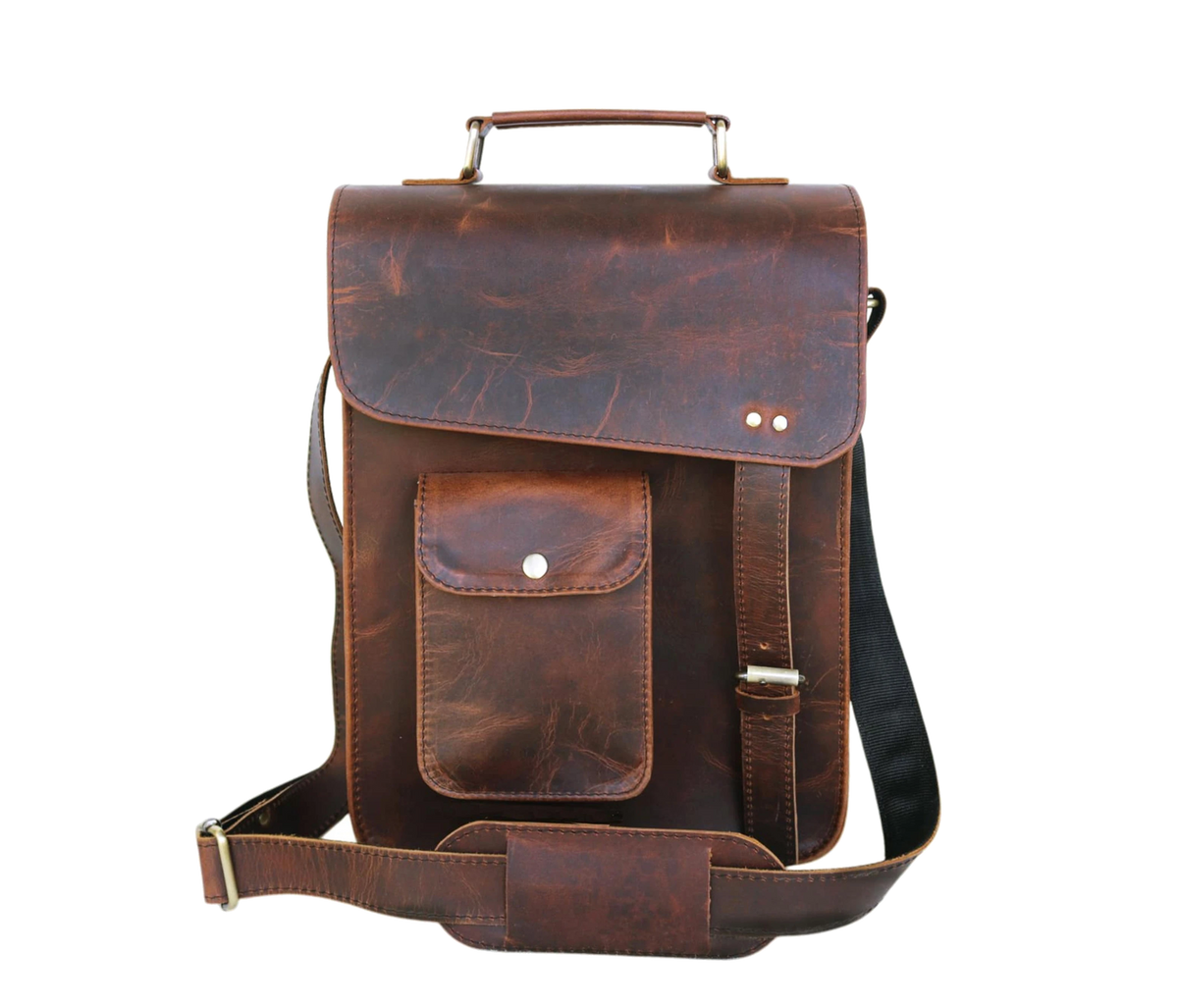 This Image Showcases A Sophisticated Handcrafted Leather Crossbody Bag Made From 100% Genuine Buffalo In Rich Dark Brown Finish. The Natural Texture Variations Lend Rustic Yet Refined Look. It Features Prominent Flap With Concealed Push-lock For Added Security And Quick-access Front Pocket Snap-button Closure Convenience. Padded, Adjustable Shoulder Strap Sturdy Webbing Ensures Comfortable Carrying. Perfect Personalized Customized Gift Men Women—ideal As Birthday Or Graduation Gift