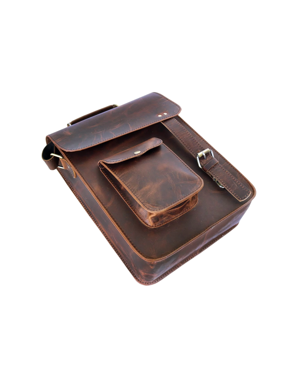 This Image Presents A Stylish, Compact Leather Crossbody Bag, Angled To Showcase Its Front And Side Profiles. Crafted From 100% Genuine Buffalo Leather, It Exudes Rugged Charm With Naturally Distressed Texture Deep Brown Tone. The Flap Securely Covers Main Compartment, While Quick-access Pocket Snap-button Closure Adds Convenience. Structured Build Offers Ample Depth—ideal For Tablets, Notebooks, Or Travel Essentials. Padded, Adjustable Strap Completes Design. Perfect Personalized Customized Gift Men Women