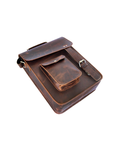 This Image Presents A Stylish, Compact Leather Crossbody Bag, Angled To Showcase Its Front And Side Profiles. Crafted From 100% Genuine Buffalo Leather, It Exudes Rugged Charm With Naturally Distressed Texture Deep Brown Tone. The Flap Securely Covers Main Compartment, While Quick-access Pocket Snap-button Closure Adds Convenience. Structured Build Offers Ample Depth—ideal For Tablets, Notebooks, Or Travel Essentials. Padded, Adjustable Strap Completes Design. Perfect Personalized Customized Gift Men Women