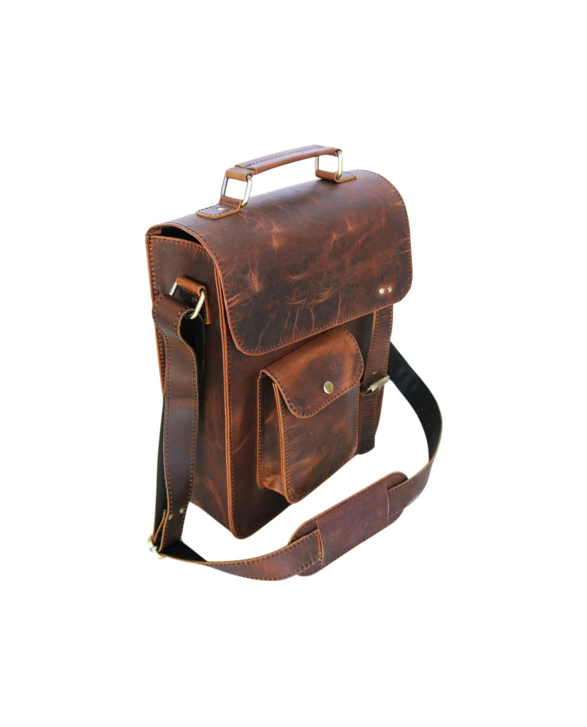 This Image Showcases A Sophisticated Handcrafted Leather Crossbody Bag Made From 100% Genuine Buffalo In Rich Dark Brown Finish. The Natural Texture Variations Lend Rustic Yet Refined Look. It Features Prominent Flap With Concealed Push-lock For Added Security And Quick-access Front Pocket Snap-button Closure Convenience. Padded, Adjustable Shoulder Strap Sturdy Webbing Ensures Comfortable Carrying. Perfect Personalized Customized Gift Men Women—ideal As Birthday Or Graduation Gift.