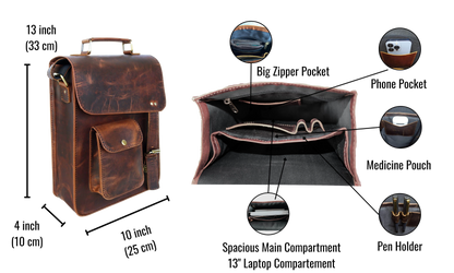 This Image Presents A Compact Yet Functional Leather Crossbody Bag, Measuring 13 Inches (33 Cm) In Height, 10 Inches (25 Cm) In Width, And 4 Inches (10 Cm) In Depth. Crafted From Sturdy, Structured Buffalo Leather, It Features A Front Flap With A Quick-access Pocket For Convenience. The Interior Is Thoughtfully Organized With Multiple Compartments, Including A Large Zipper Pocket For Secure Storage, A Phone Slot, Medicine Pouch, And Pen Holder. A Perfect Personalized And Customized Gift For Men And Women